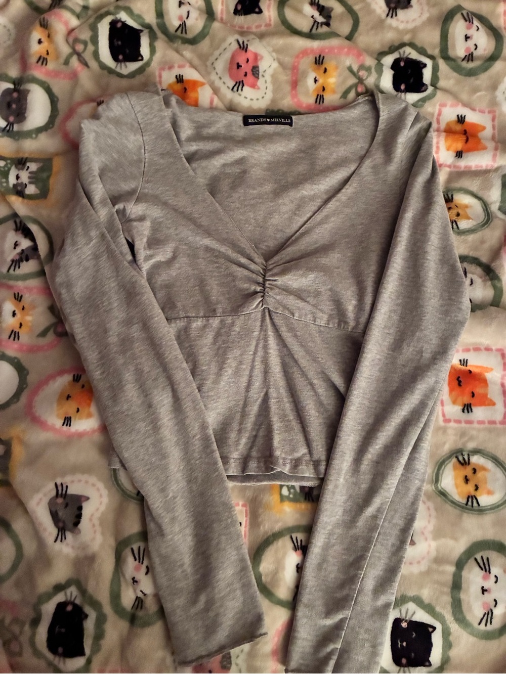 Brandy Melville Light Gray Long Sleeve V-Neck Twist Front Top